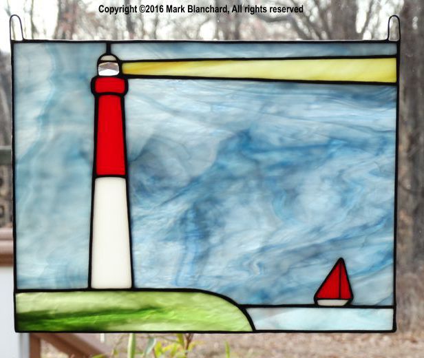 Barnegat Lighthouse with Sailboat Stained Glass Panel