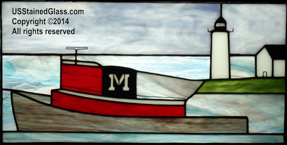 tugboat and lighthouse stained glass window panel